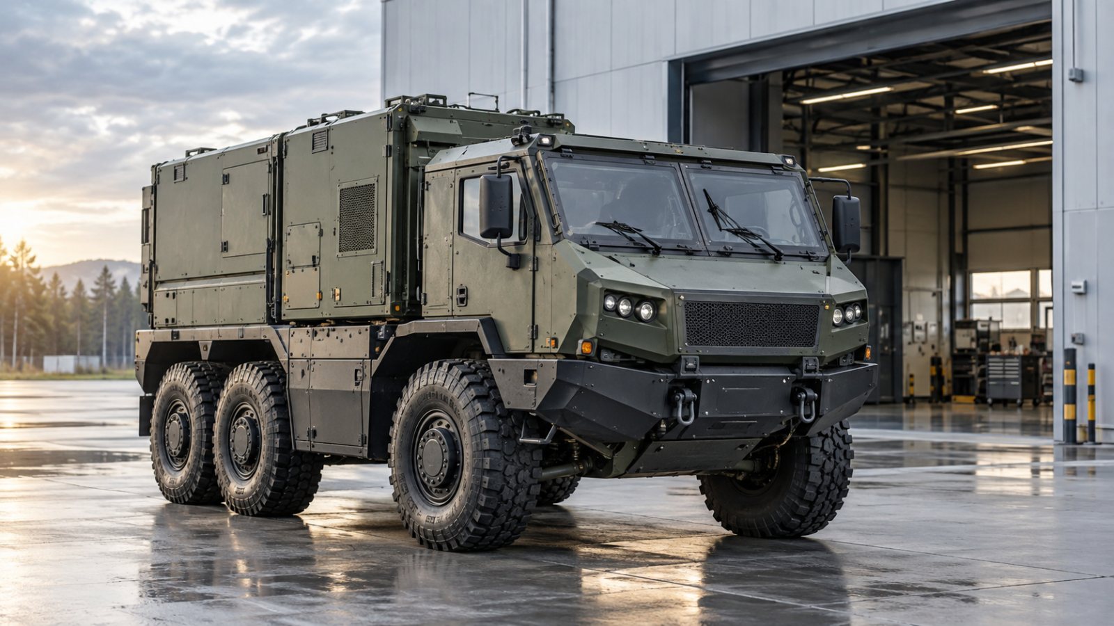 Aerospace und Defence: geschütztes Fahrzeug vor der Halle